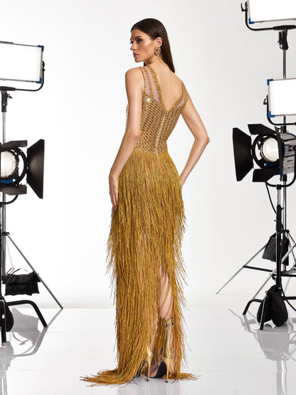 Saelyvira Fringe Rhinestone Maxi Dress In Gold