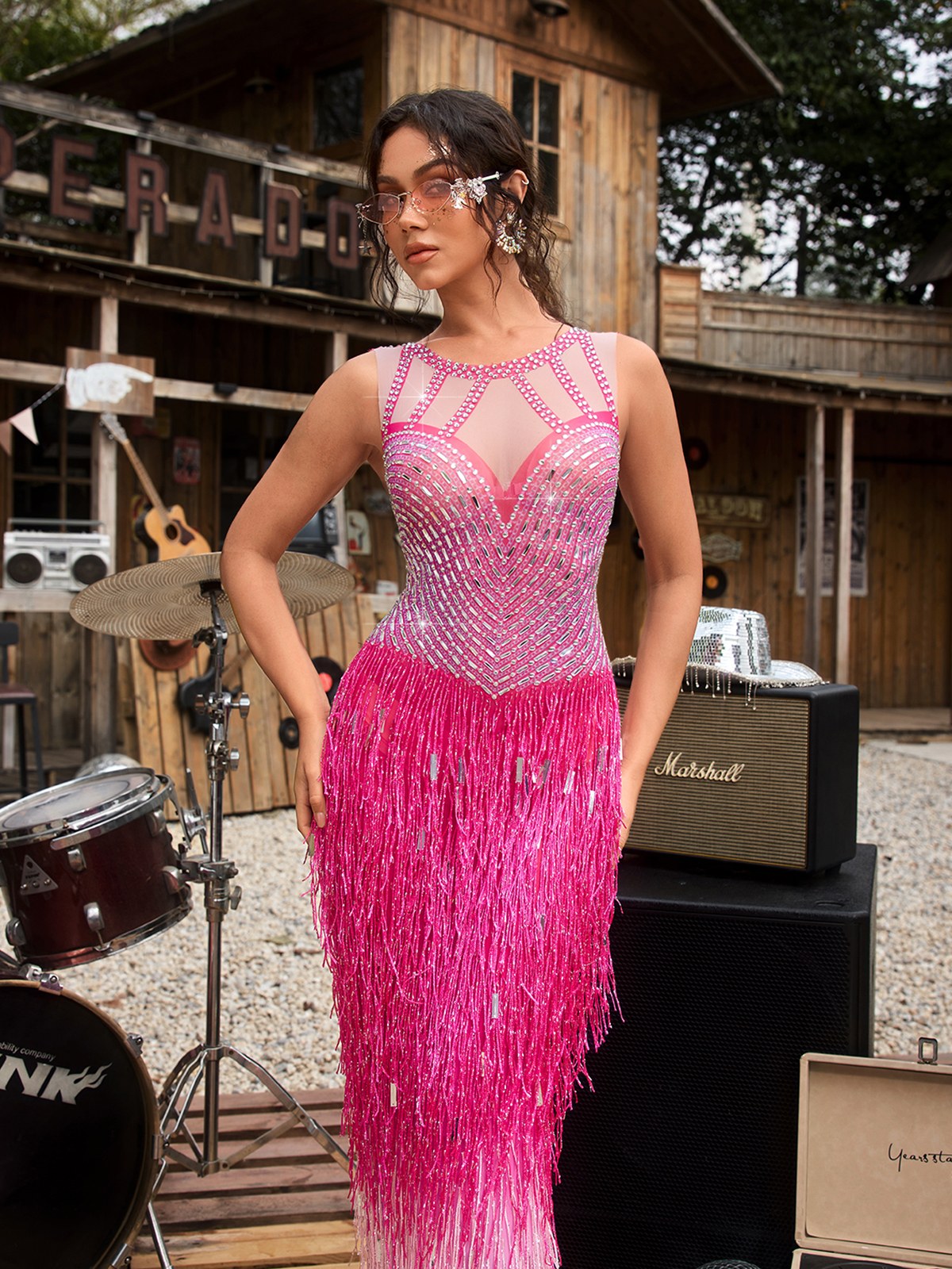 Saelyvira Fringe Rhinestone Maxi Dress In Pink