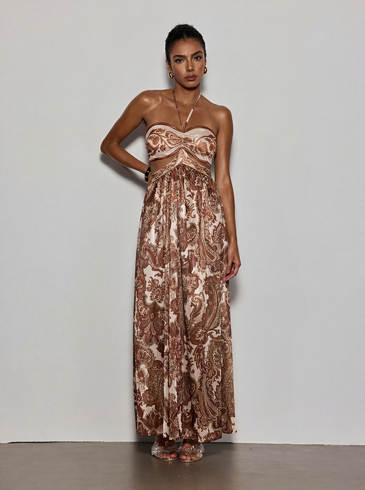 Selviq Halterneck Cutout Printed Maxi Dress