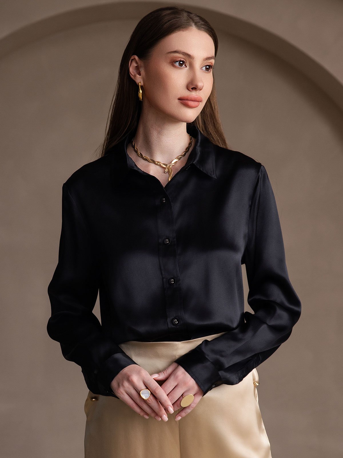 Rosstef 19Momme Silk Long Sleeve Lapel Collar Women's Shirt