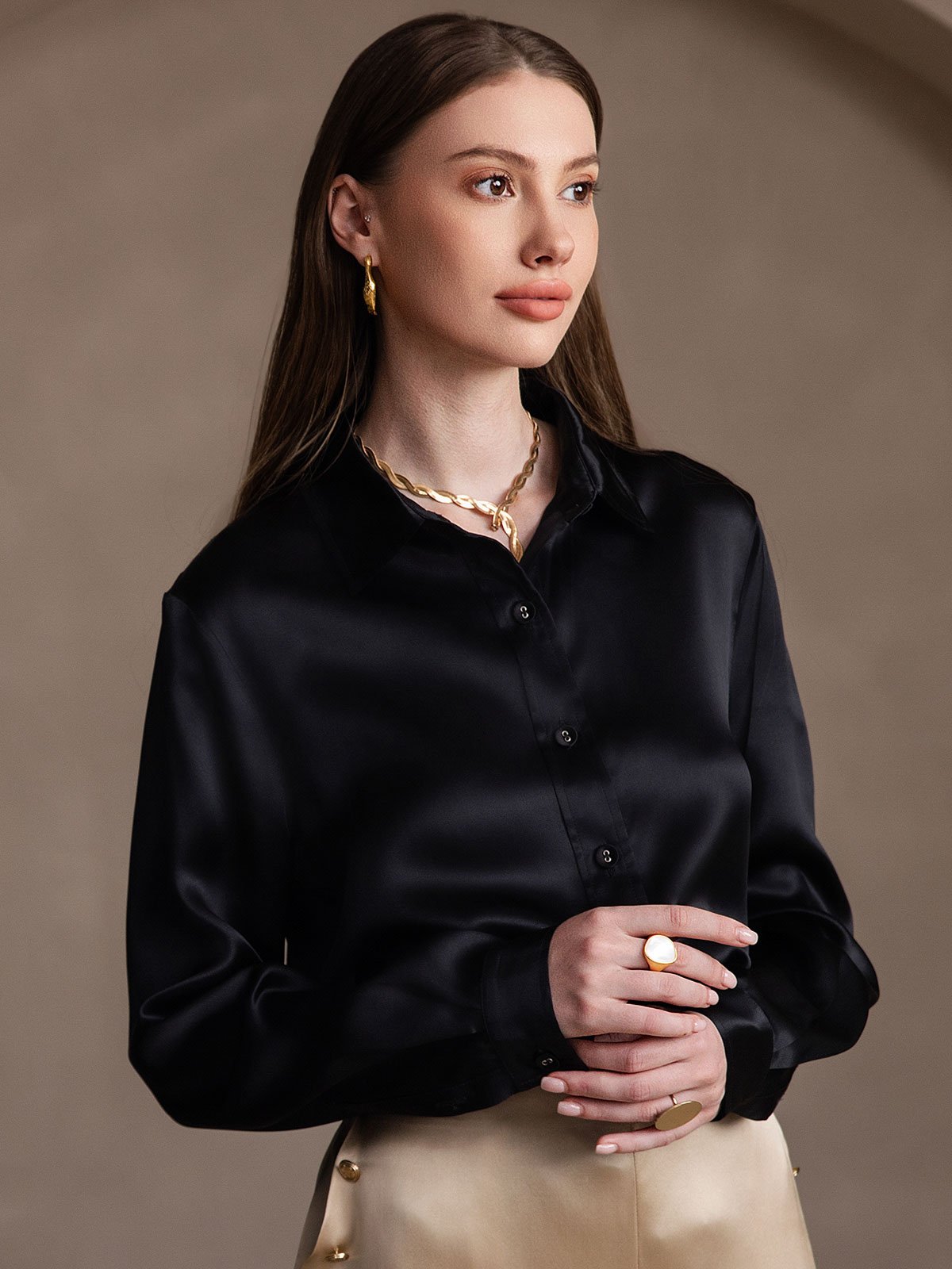 Rosstef 19Momme Silk Lapel Collar Long Sleeve Women's Shirt