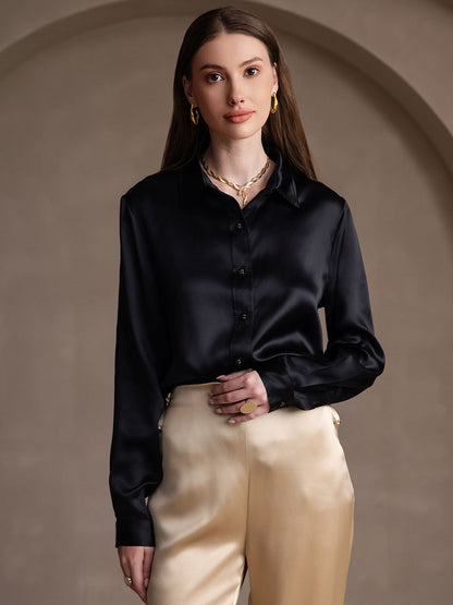 Rosstef 19Momme Silk Lapel Collar Long Sleeve Women's Shirt