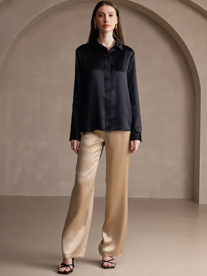 Rosstef 19Momme Silk Long Sleeve Lapel Collar Women's Shirt