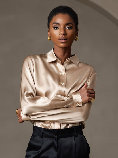 Rosstef 19Momme Silk Long Sleeve Lapel Collar Women's Shirt