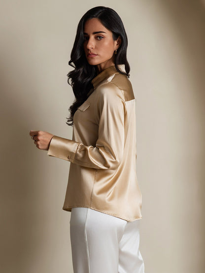 Rosstef 19Momme Silk Long Sleeve Lapel Collar Military Shirt
