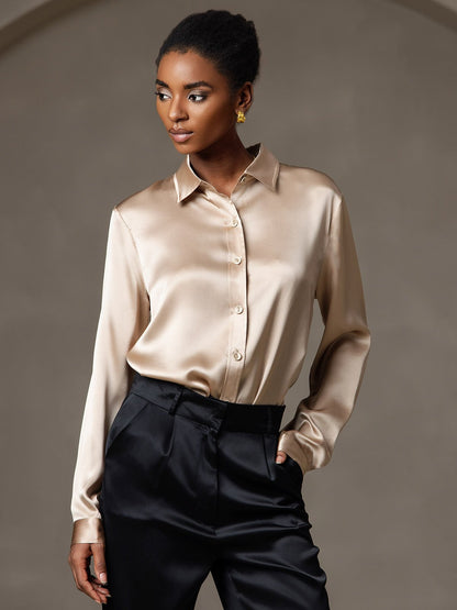Rosstef 19Momme Silk Long Sleeve Lapel Collar Women's Shirt