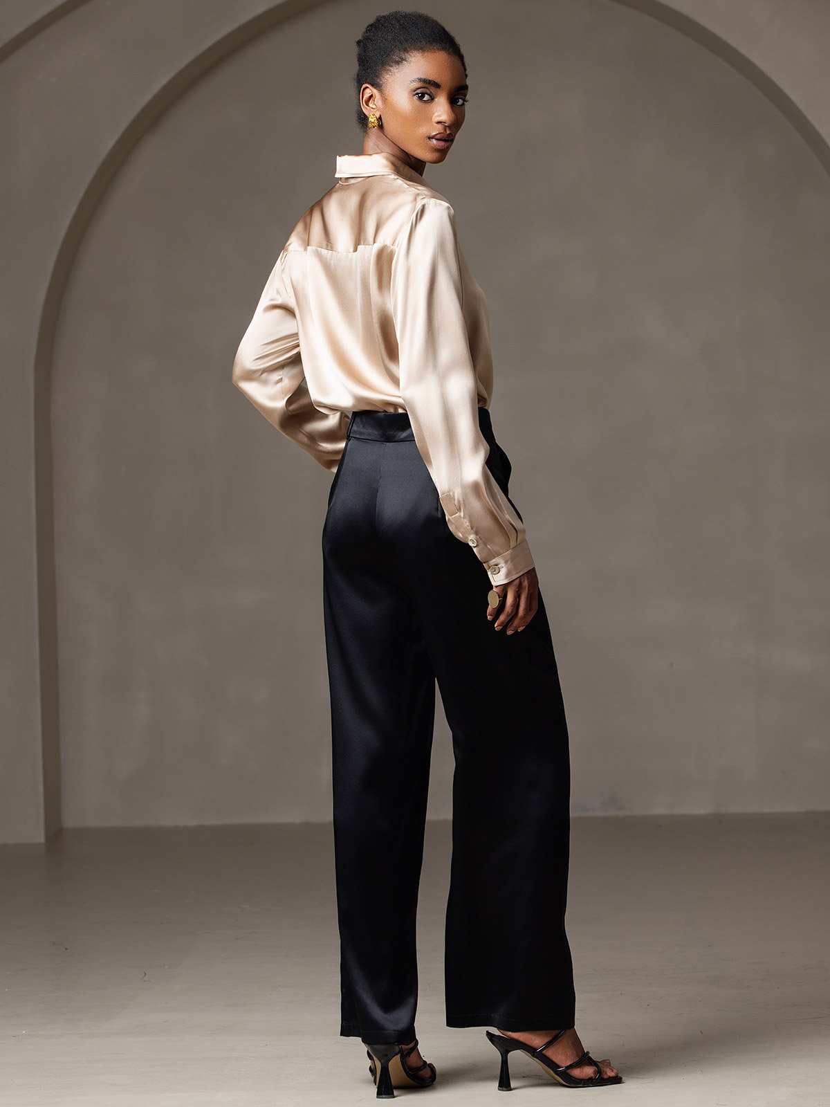 Rosstef 19Momme Silk Long Sleeve Lapel Collar Women's Shirt