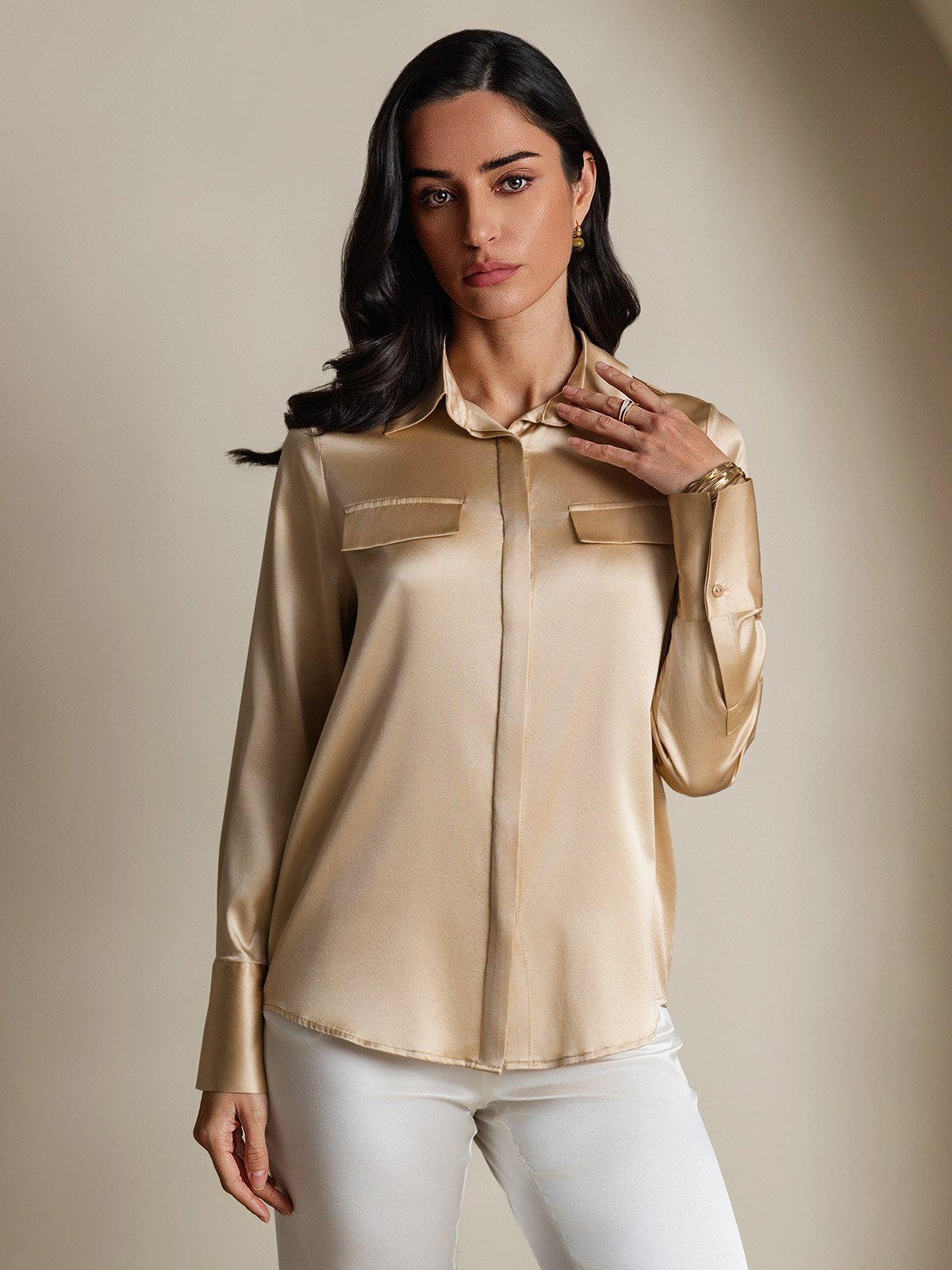 Rosstef 19Momme Silk Long Sleeve Lapel Collar Military Shirt