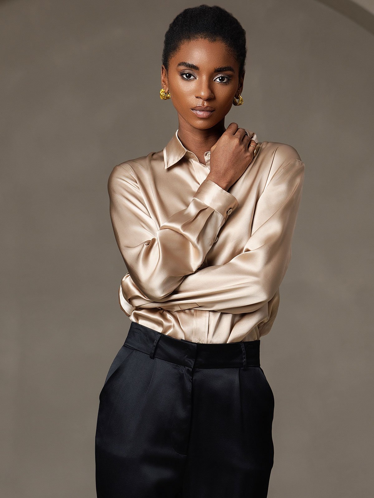 Rosstef 19Momme Silk Long Sleeve Lapel Collar Women's Shirt