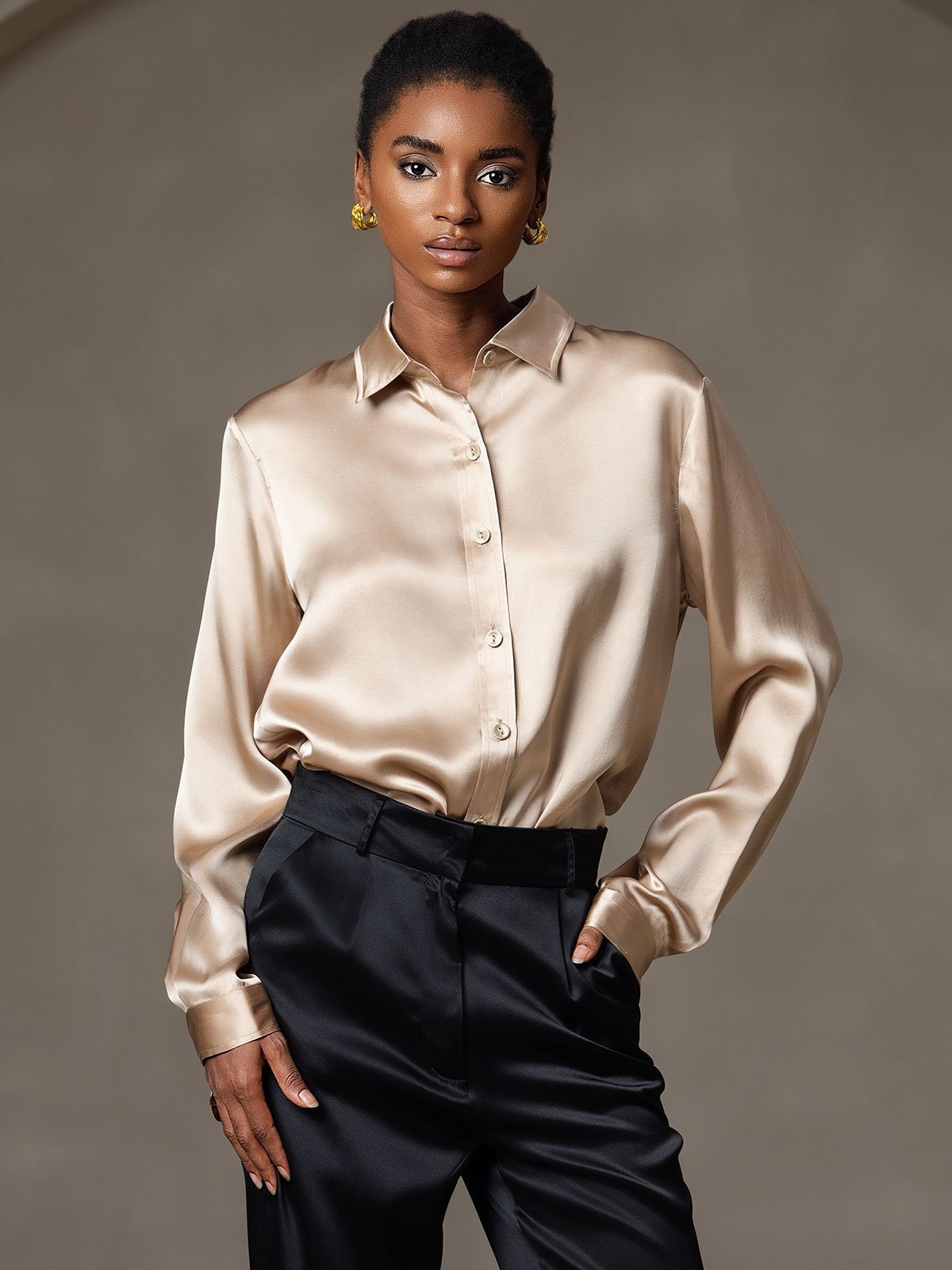 Rosstef 19Momme Silk Long Sleeve Lapel Collar Women's Shirt