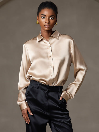 Rosstef 19Momme Silk Long Sleeve Lapel Collar Women's Shirt