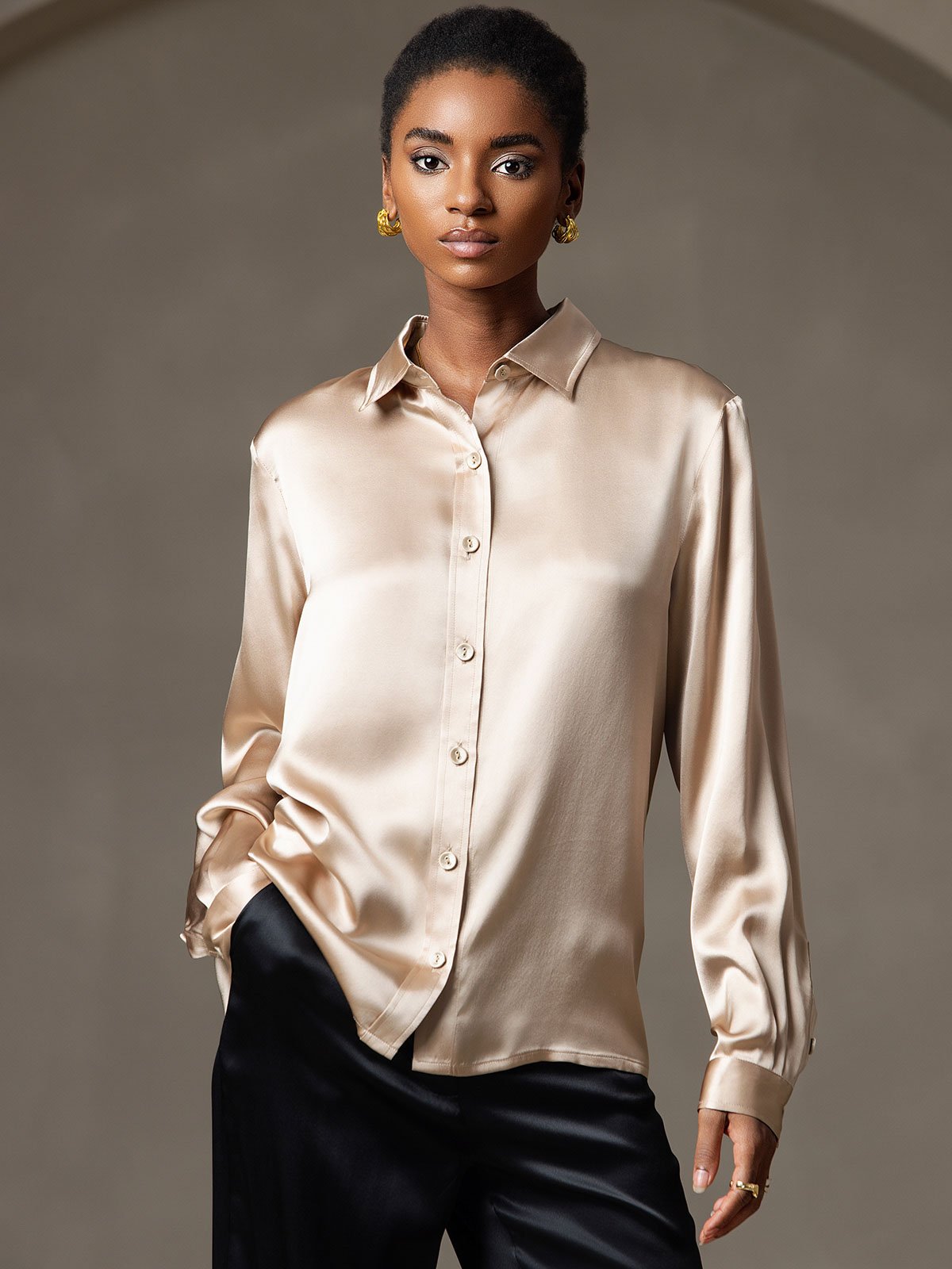 Rosstef 19Momme Silk Long Sleeve Lapel Collar Women's Shirt