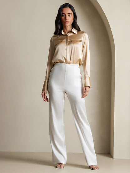 Rosstef 19Momme Silk Long Sleeve Lapel Collar Military Shirt