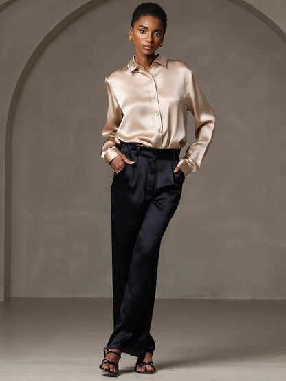 Rosstef 19Momme Silk Long Sleeve Lapel Collar Women's Shirt