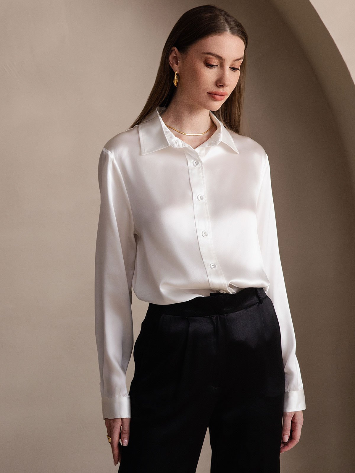 Rosstef 19Momme Silk Long Sleeve Lapel Collar Women's Shirt