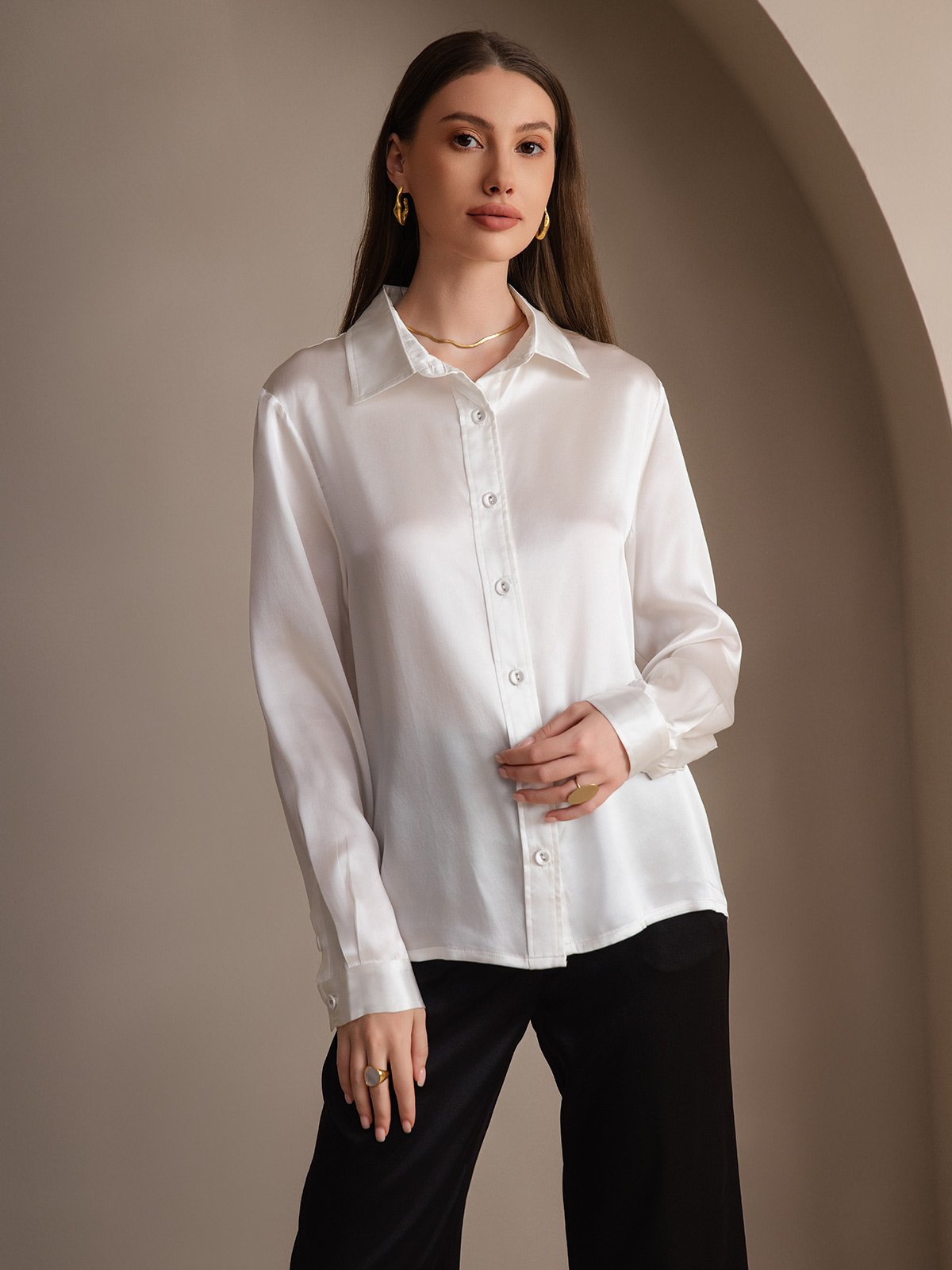Rosstef 19Momme Silk Long Sleeve Lapel Collar Women's Shirt