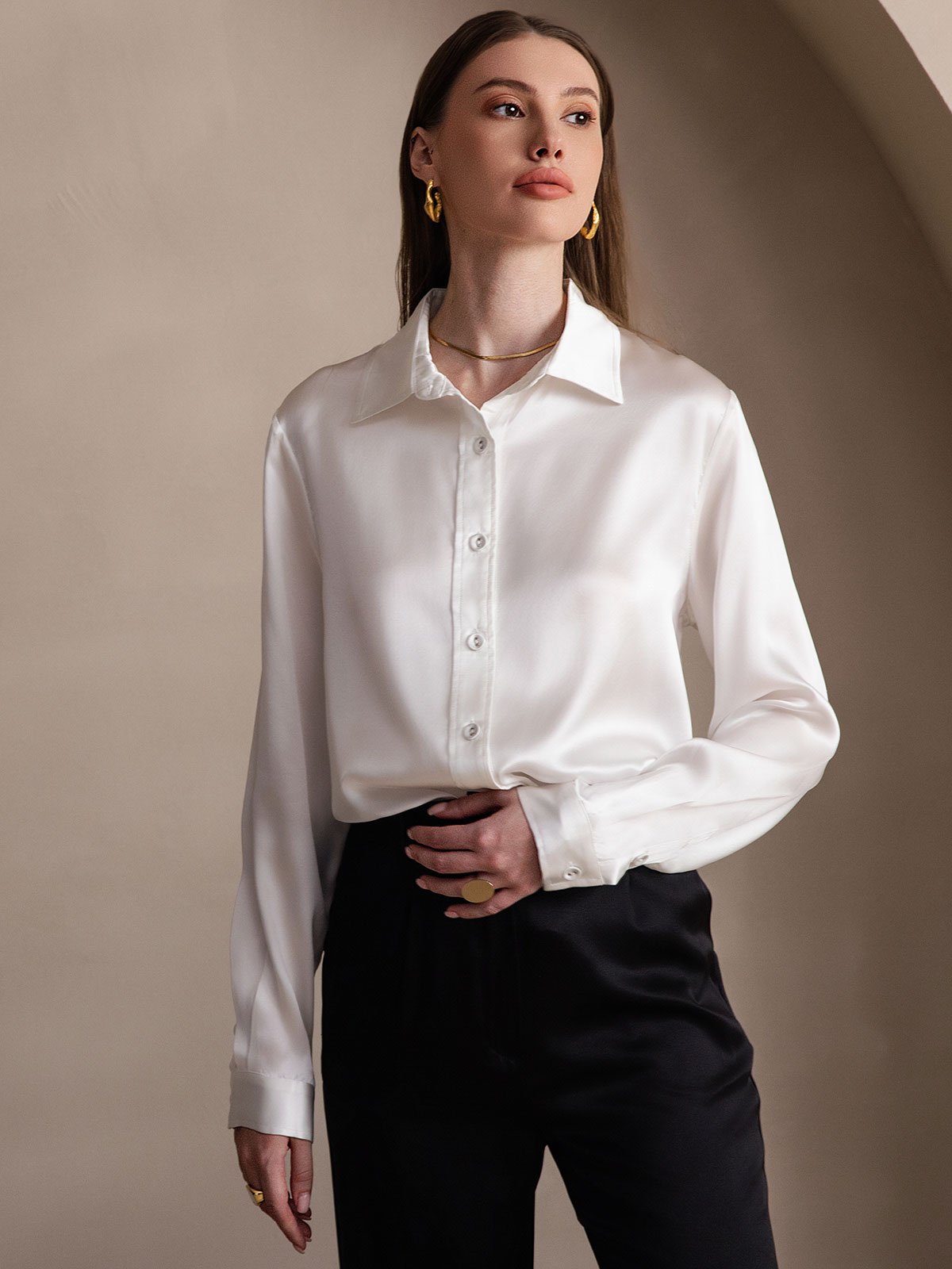 Rosstef 19Momme Silk Long Sleeve Lapel Collar Women's Shirt