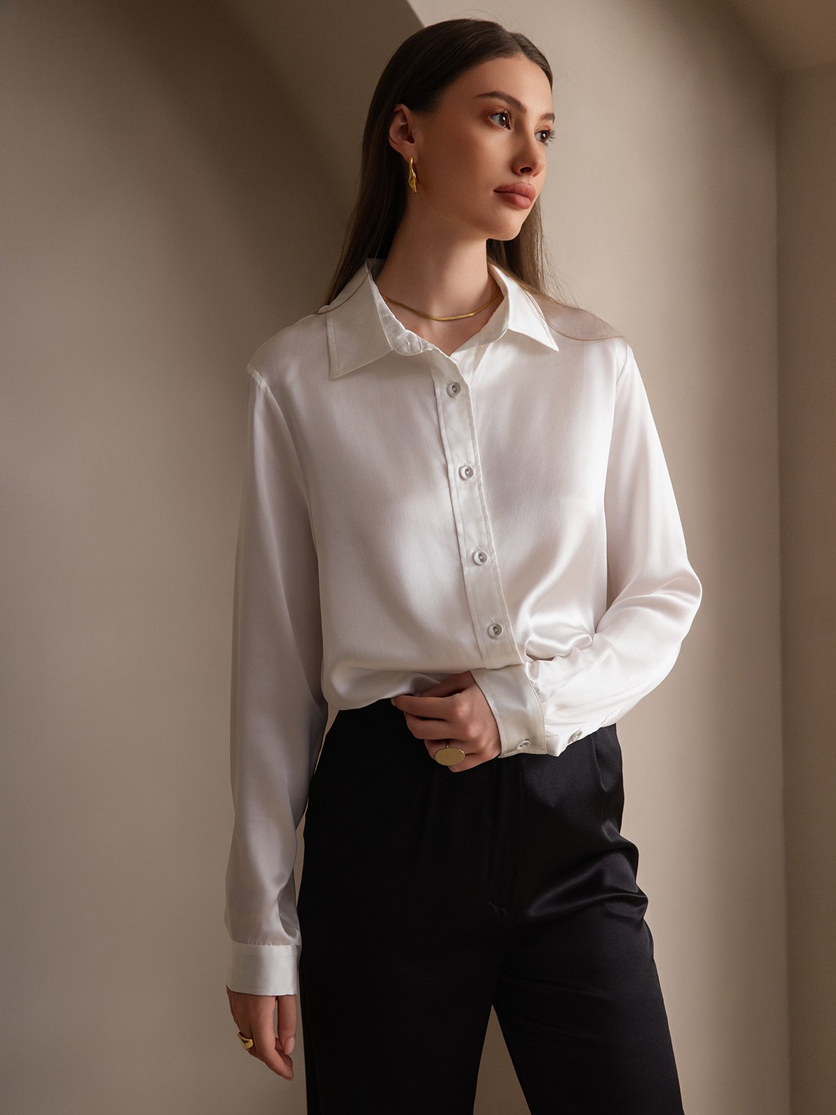 Rosstef 19Momme Silk Long Sleeve Lapel Collar Women's Shirt