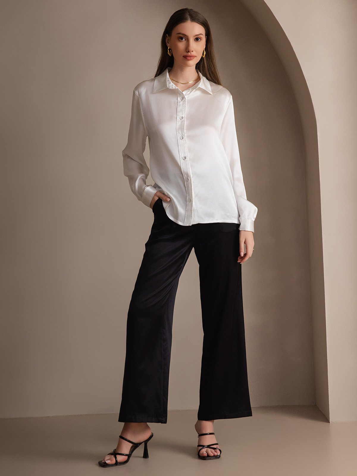 Rosstef 19Momme Silk Long Sleeve Lapel Collar Women's Shirt