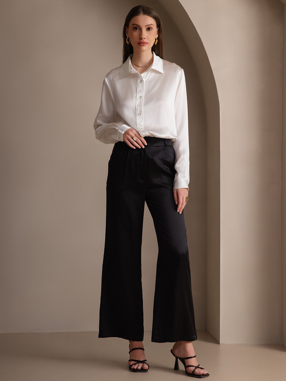 Rosstef 19Momme Silk Long Sleeve Lapel Collar Women's Shirt