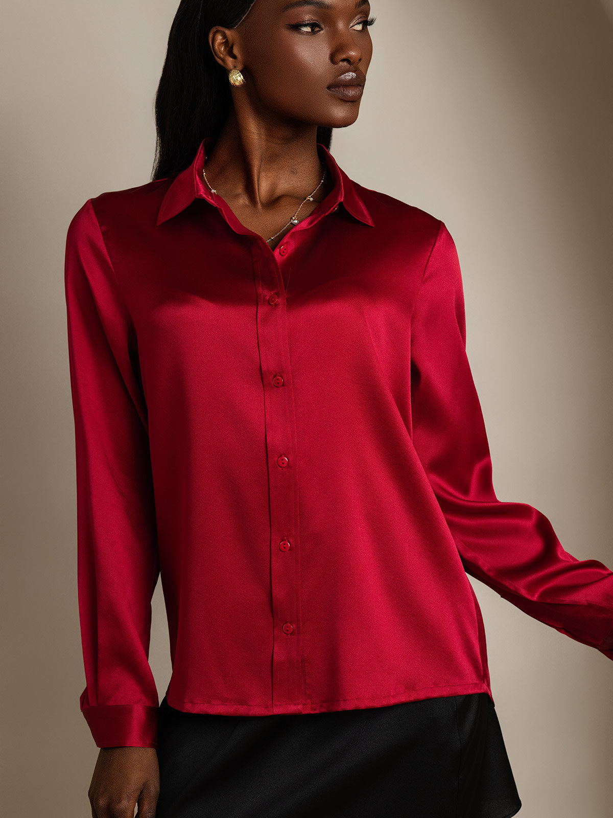 Rosstef 19Momme Silk Long Sleeve Lapel Collar Women's Shirt