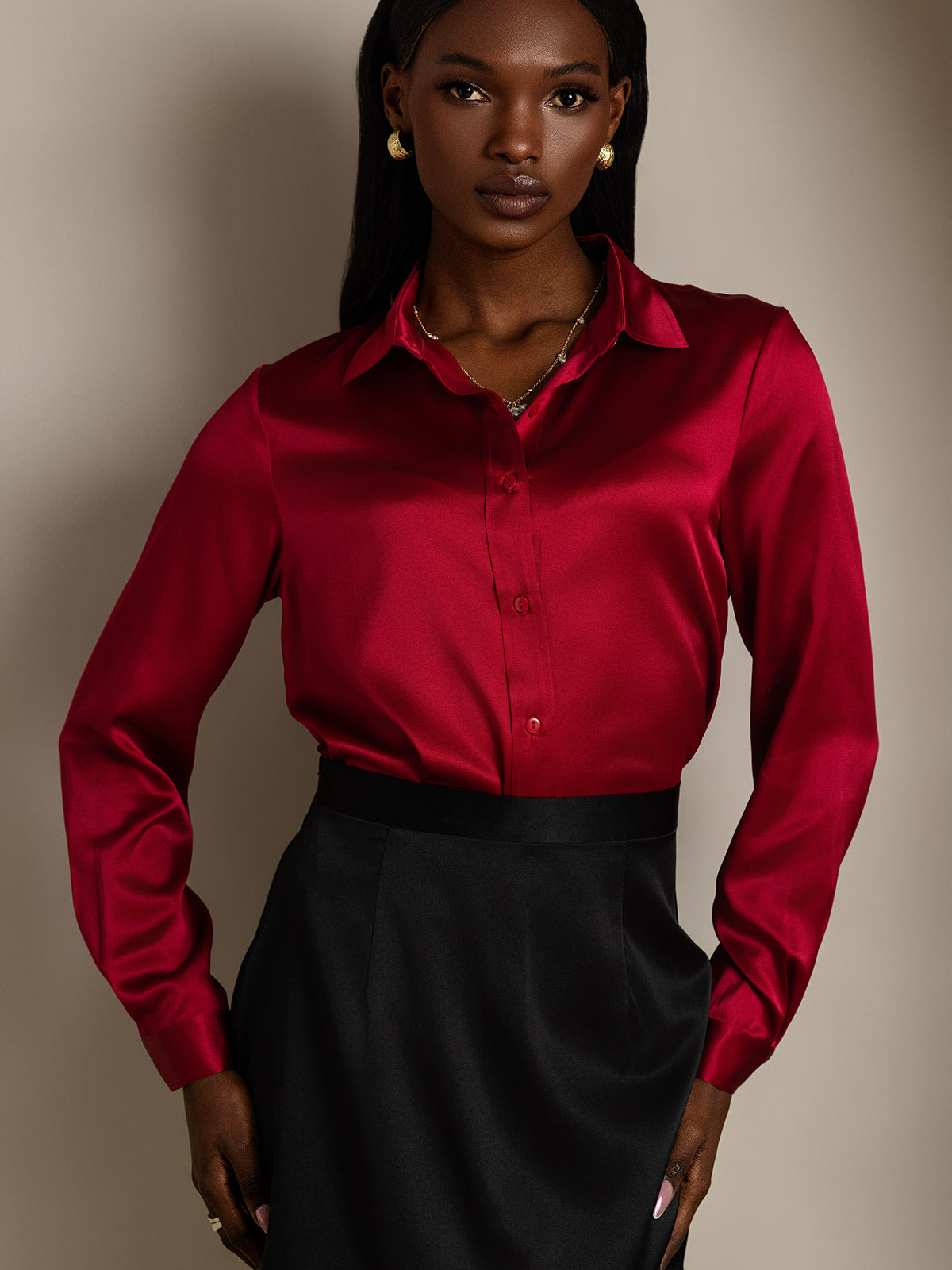 Rosstef 19Momme Silk Long Sleeve Lapel Collar Women's Shirt
