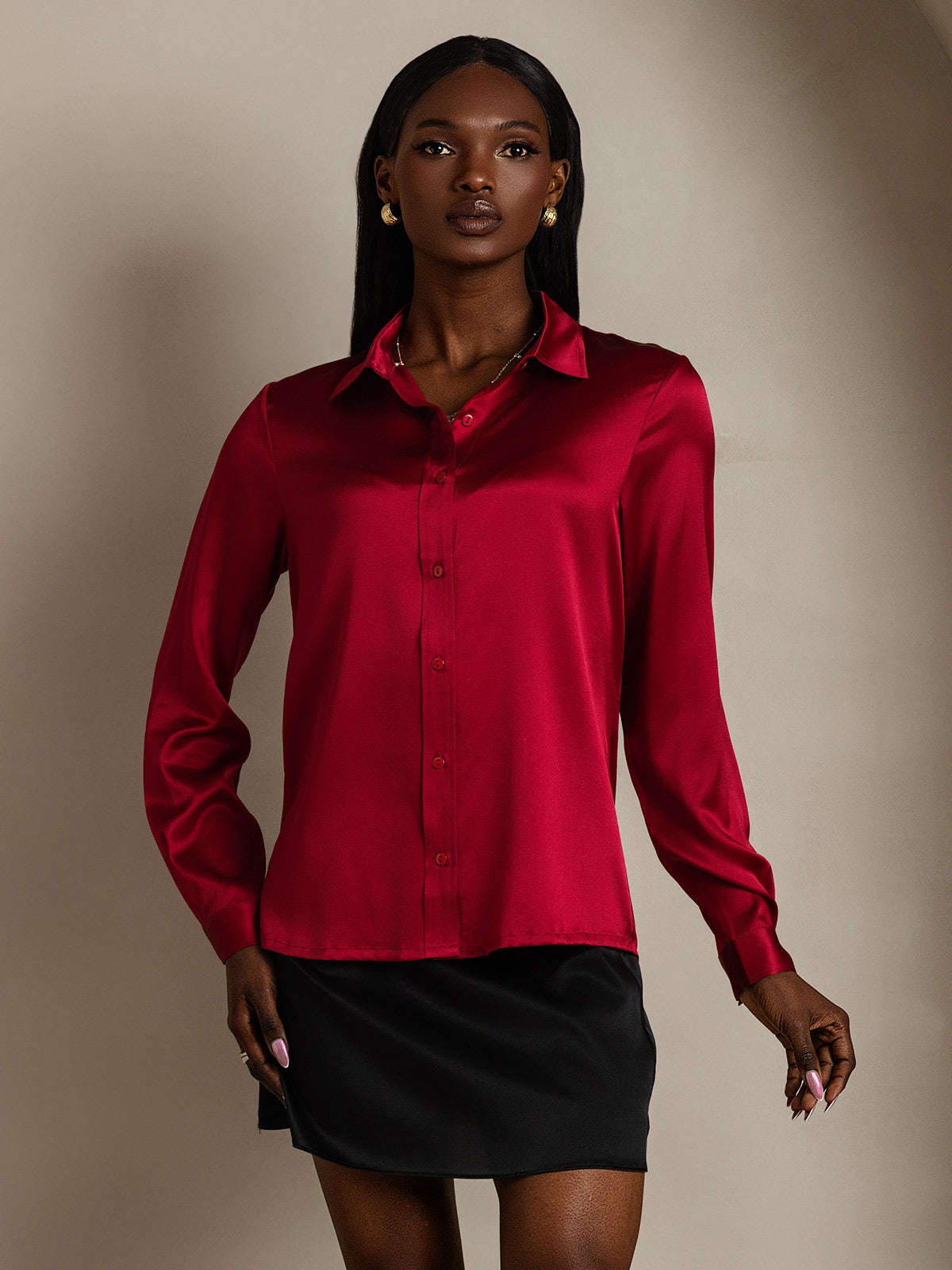 Rosstef 19Momme Silk Long Sleeve Lapel Collar Women's Shirt