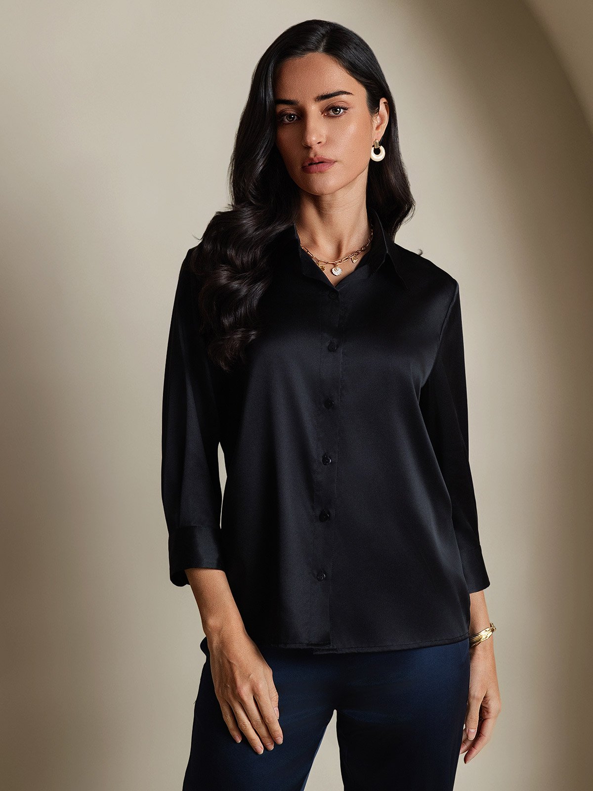 Rosstef 19Momme Silk 3/4 Sleeve Lapel Collar Kadın Giyimi