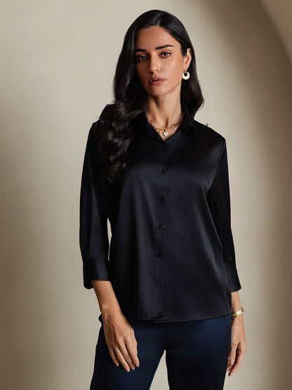 Rosstef 19Momme Silk 3/4 Sleeve Lapel Collar Kadın Giyimi
