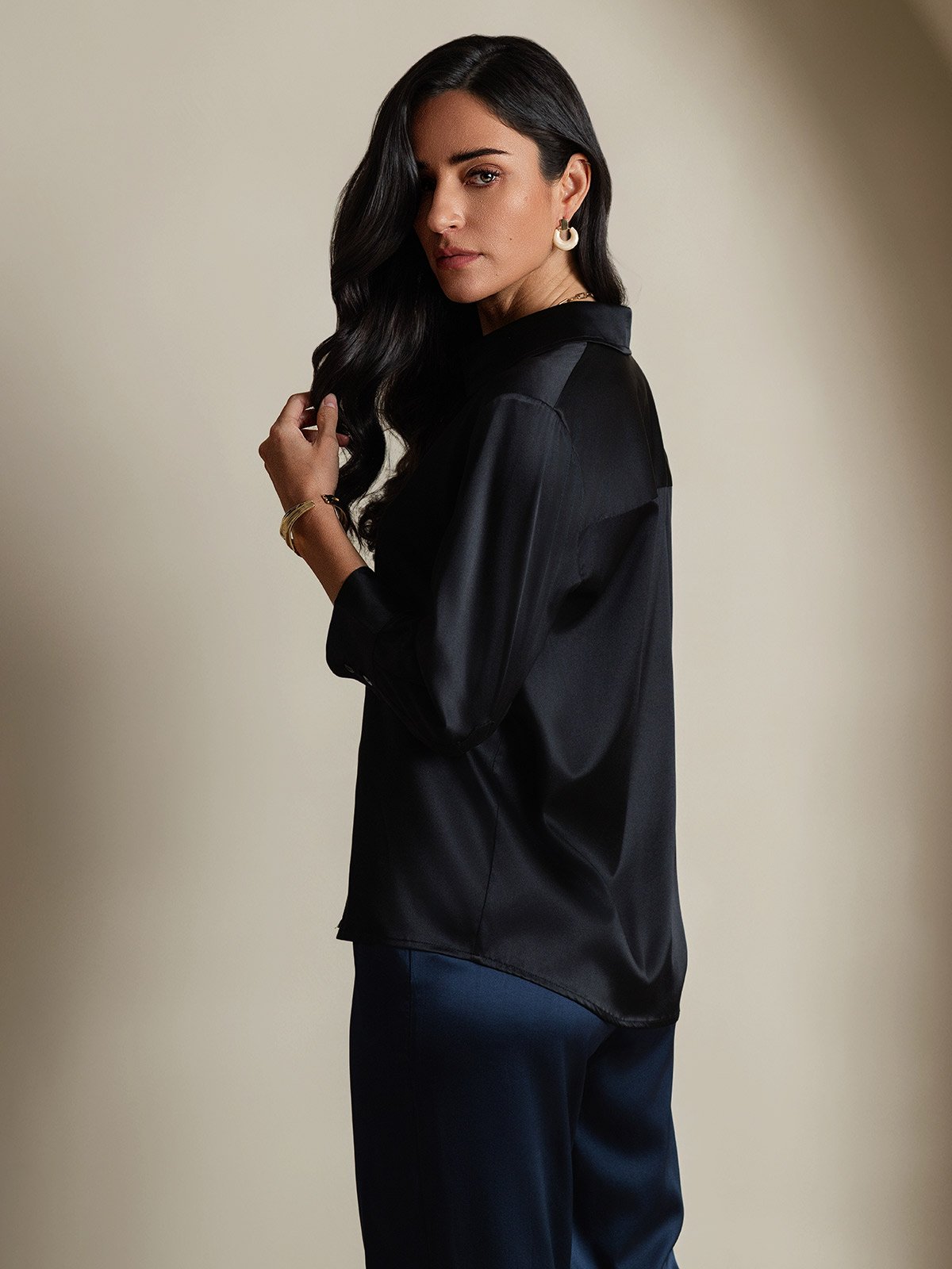Rosstef 19Momme Silk 3/4 Sleeve Lapel Collar Kadın Giyimi