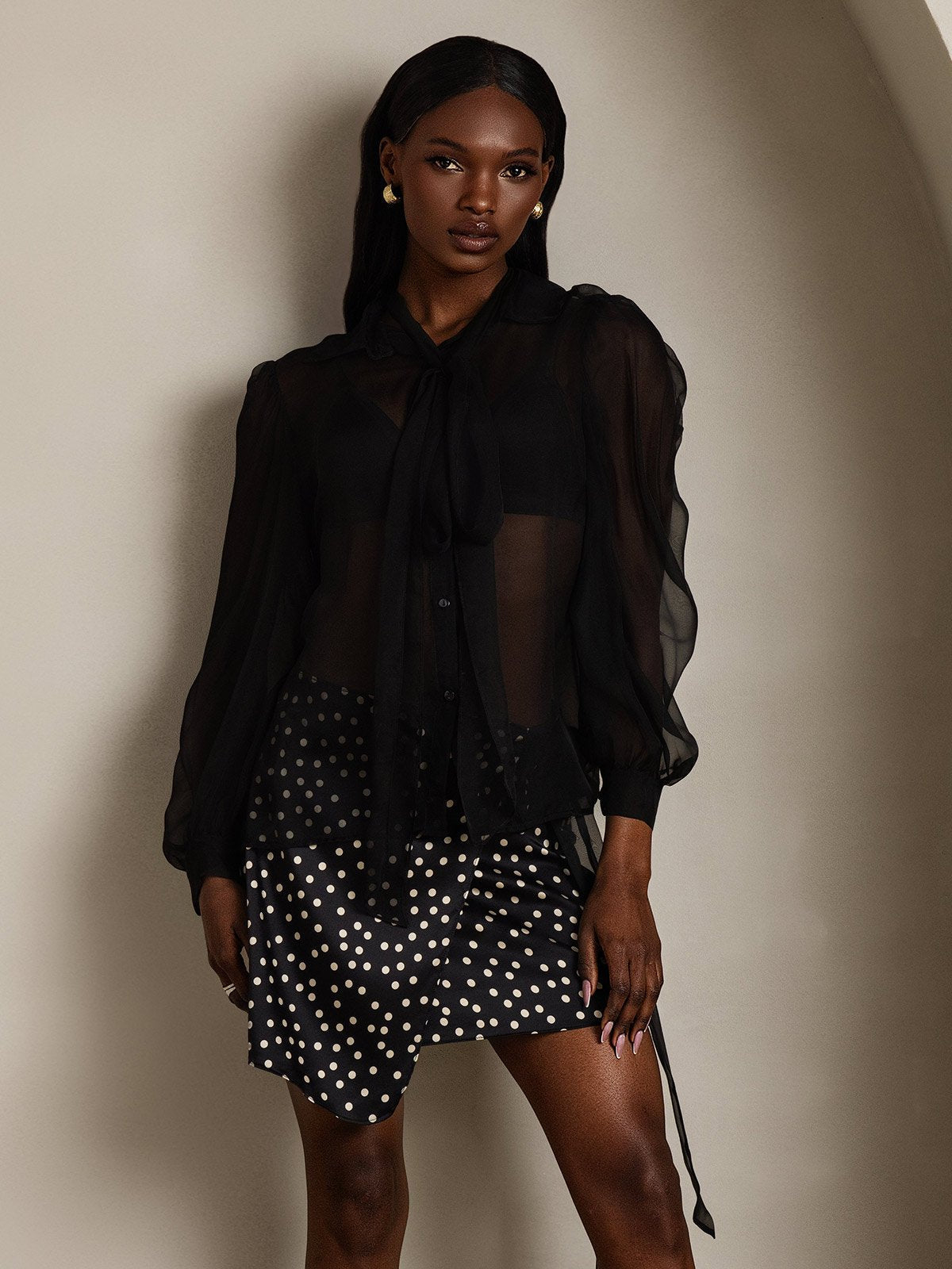Rosstef Pure Silk Chiffon Kadınlar için Long Sleeve Tie Neck Bluz