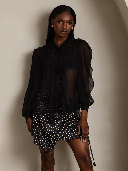 Rosstef Pure Silk Chiffon Kadınlar için Long Sleeve Tie Neck Bluz