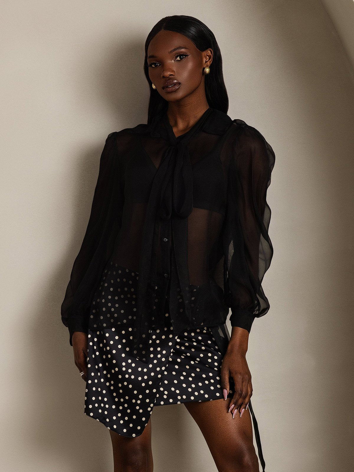 Rosstef Pure Silk Chiffon Kadınlar için Long Sleeve Tie Neck Bluz
