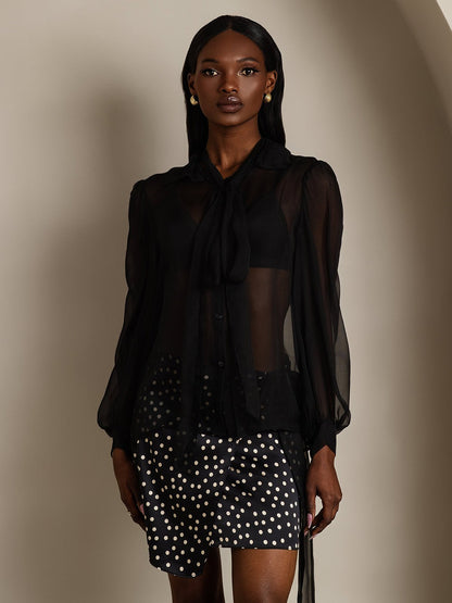 Rosstef Pure Silk Chiffon Kadınlar için Long Sleeve Tie Neck Bluz