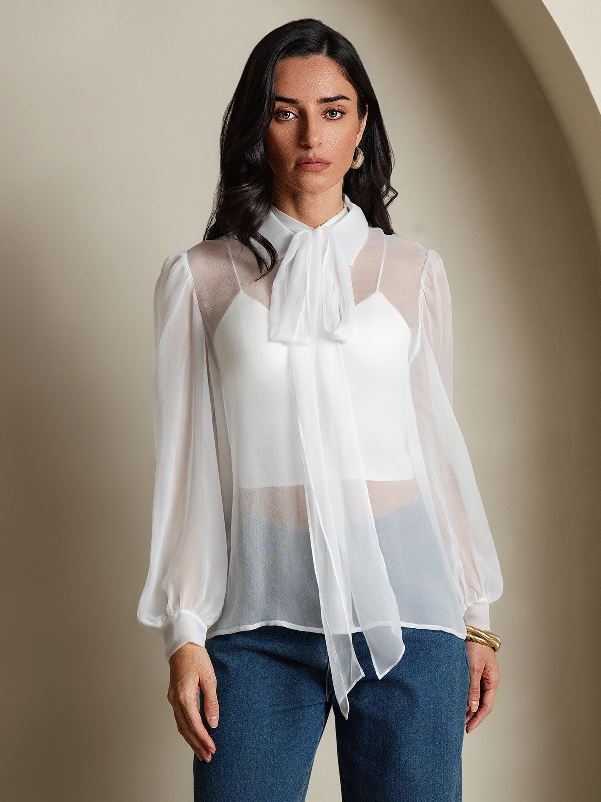 Rosstef Pure Silk Chiffon Kadınlar için Long Sleeve Tie Neck Bluz