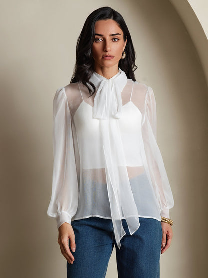 Rosstef Pure Silk Chiffon Kadınlar için Long Sleeve Tie Neck Bluz