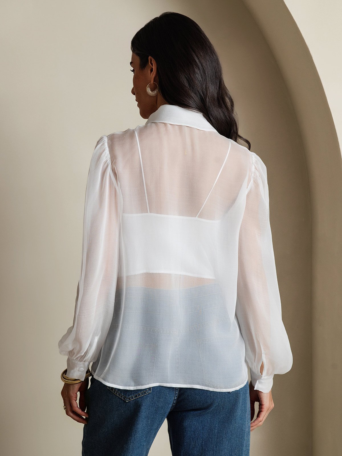 Rosstef Pure Silk Chiffon Kadınlar için Long Sleeve Tie Neck Bluz