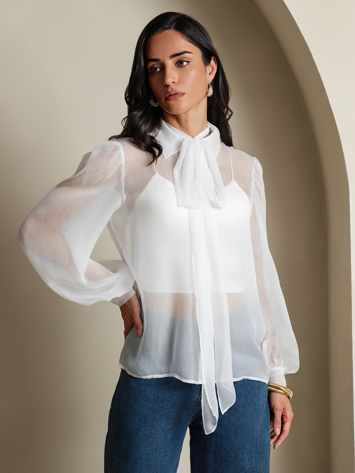Rosstef Pure Silk Chiffon Kadınlar için Long Sleeve Tie Neck Bluz