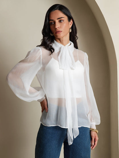 Rosstef Pure Silk Chiffon Kadınlar için Long Sleeve Tie Neck Bluz