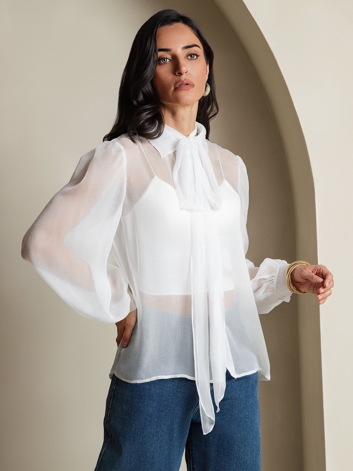 Rosstef Pure Silk Chiffon Kadınlar için Long Sleeve Tie Neck Bluz
