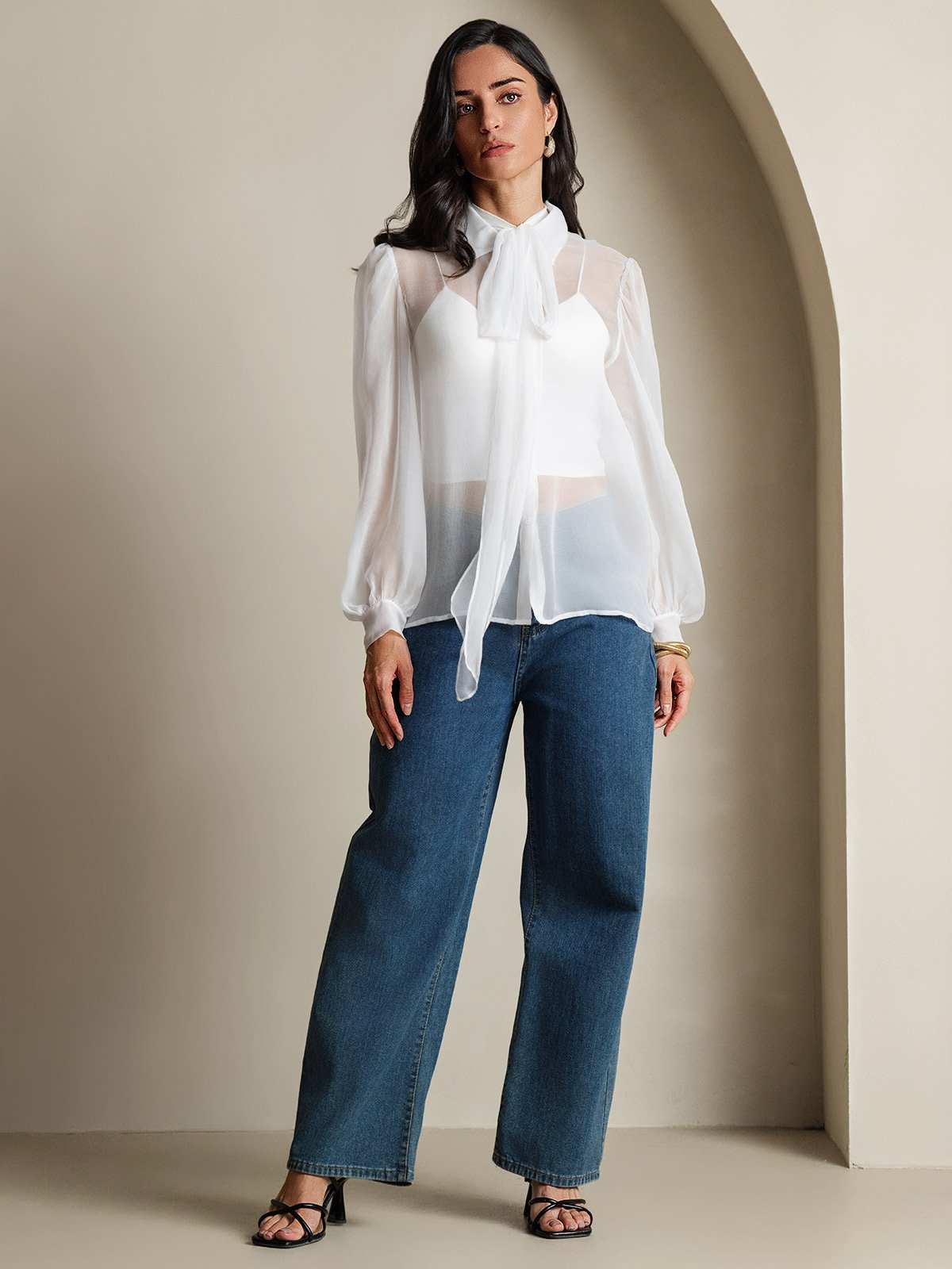 Rosstef Pure Silk Chiffon Kadınlar için Long Sleeve Tie Neck Bluz