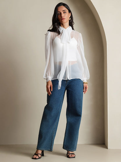 Rosstef Pure Silk Chiffon Kadınlar için Long Sleeve Tie Neck Bluz