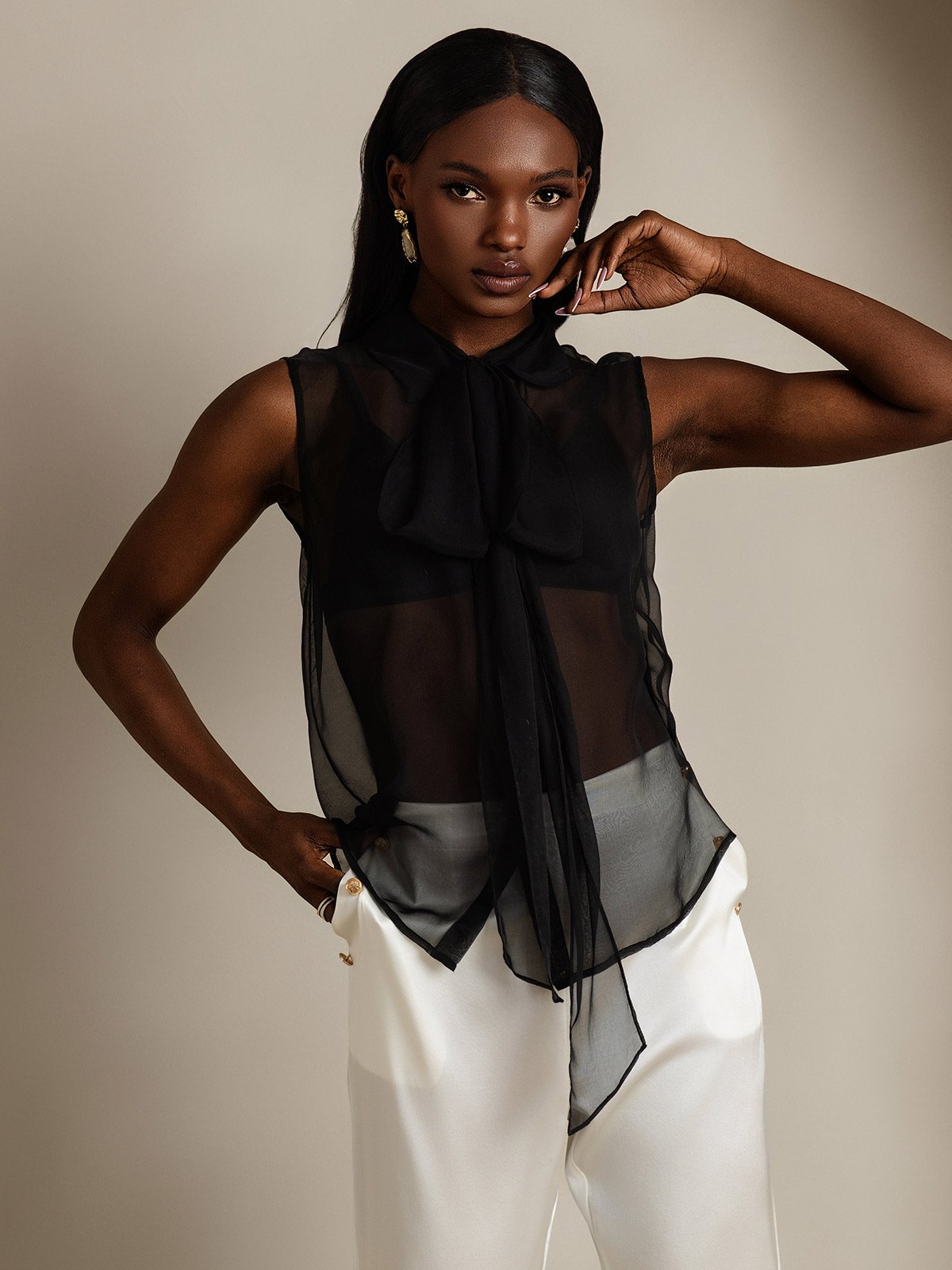 Rosstef Pure Silk Chiffon Kadın Kolosuz Tie Neck Şalvarı