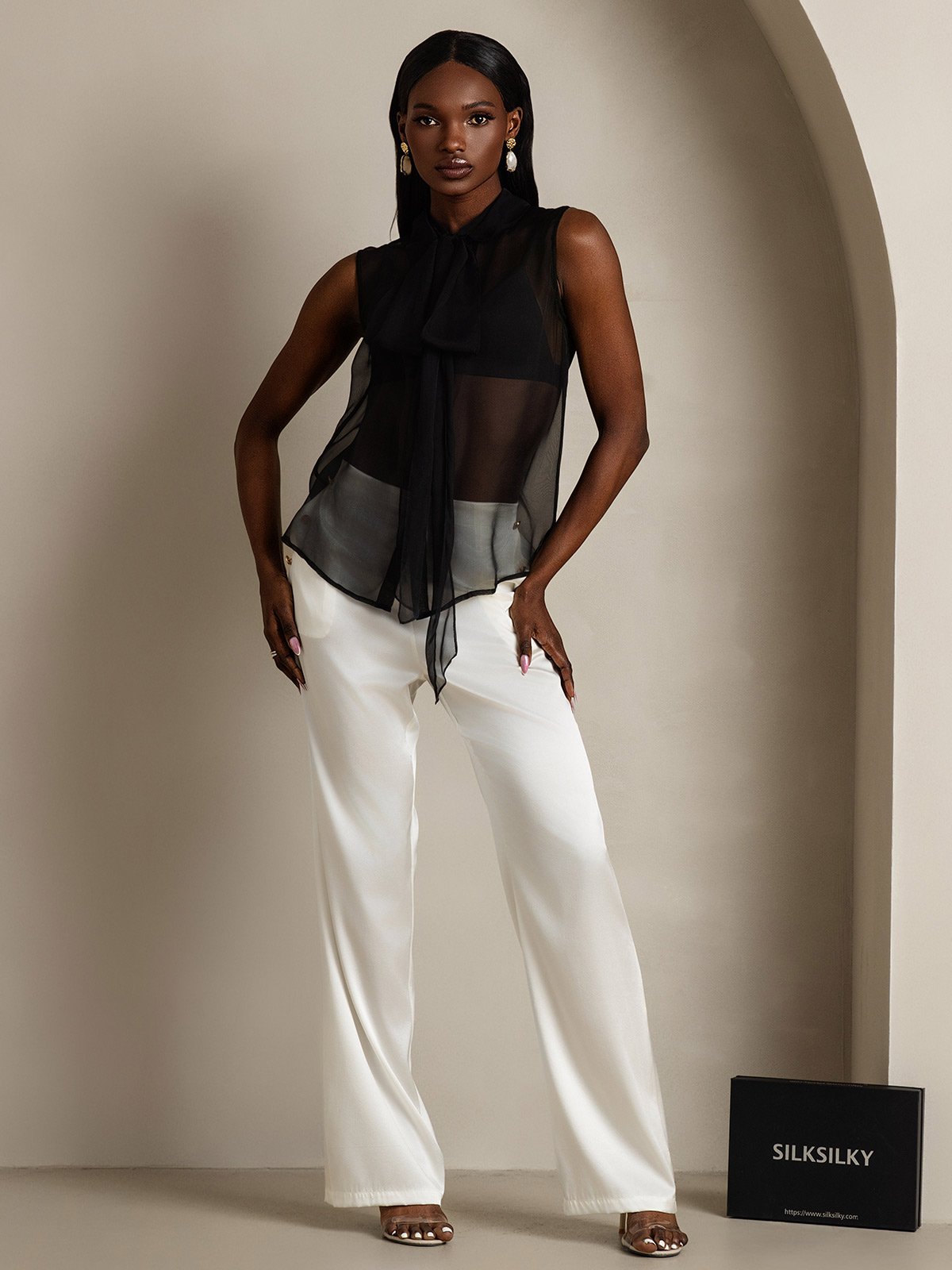 Rosstef Pure Silk Chiffon Kadın Kolosuz Tie Neck Şalvarı