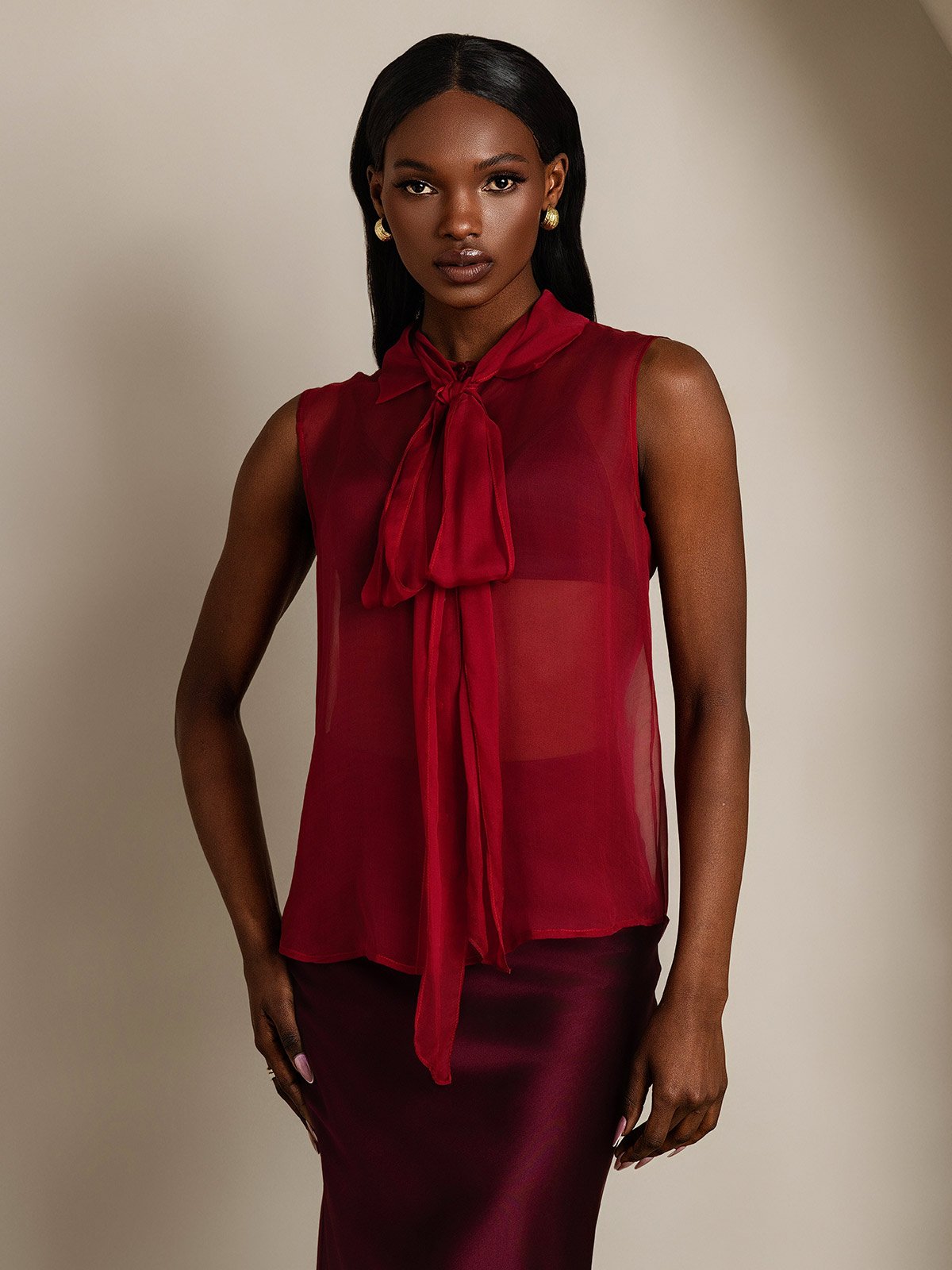 Rosstef Pure Silk Chiffon Kadın Kolosuz Tie Neck Şalvarı