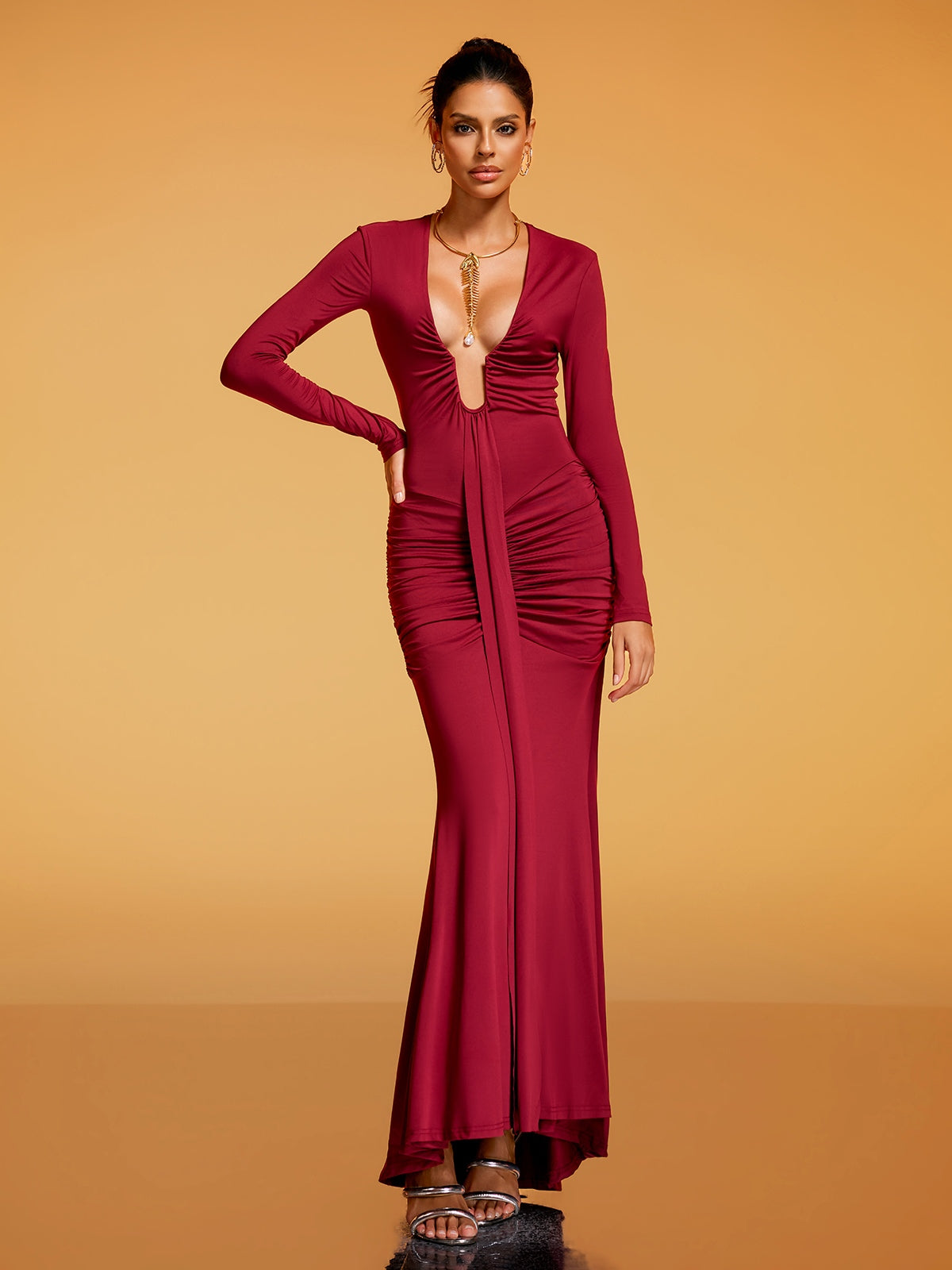 Soval Long Sleeve Draped Maxi Dress