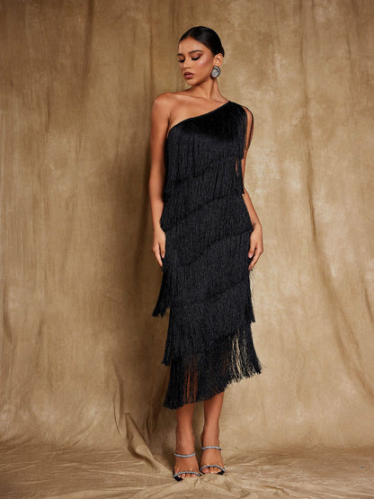 Rosstef Stiorra One Shoulder Fringe Midi Dress