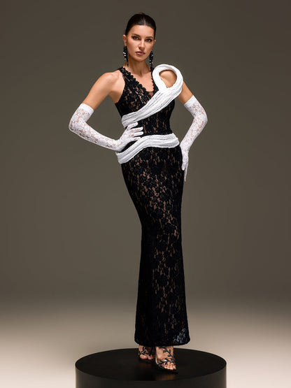 Sylvarex Lace Split Maxi Dress With Gloves