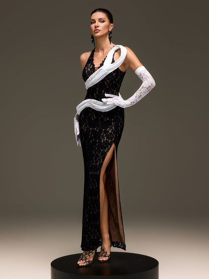 Sylvarex Lace Split Maxi Dress With Gloves