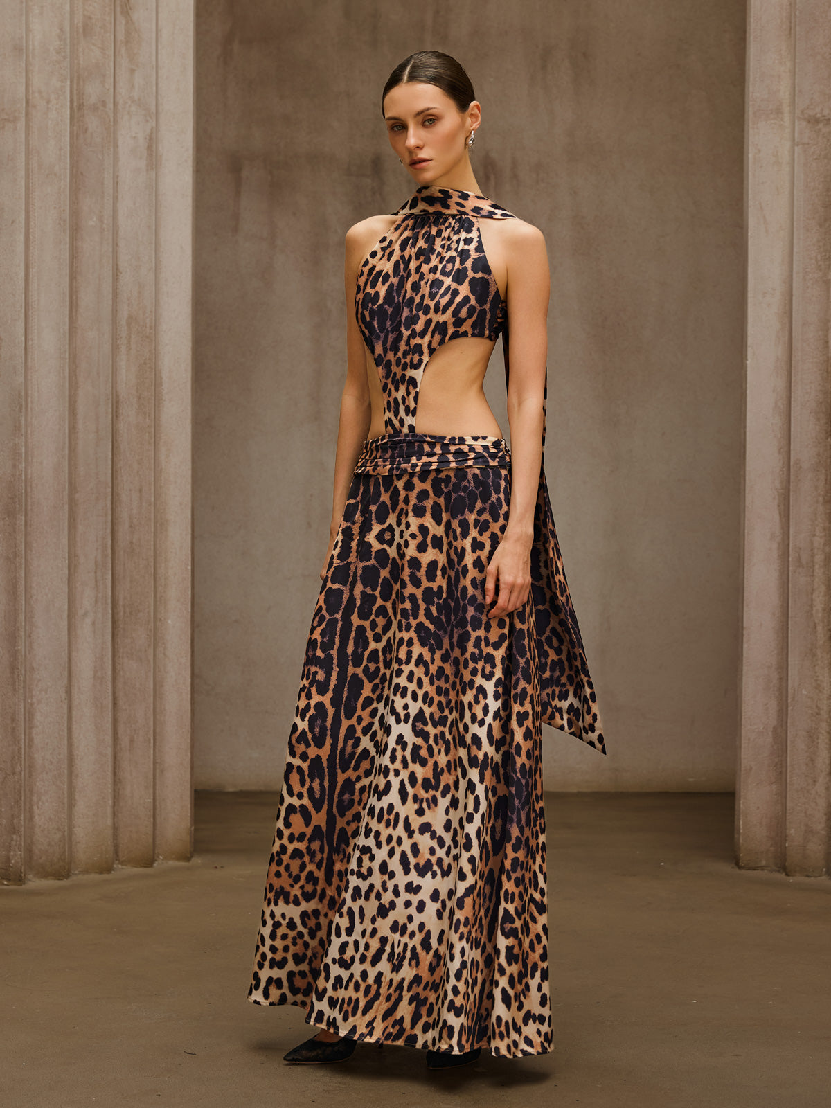 Sylvarix Leopard Cutout Scarf Maxi Dress